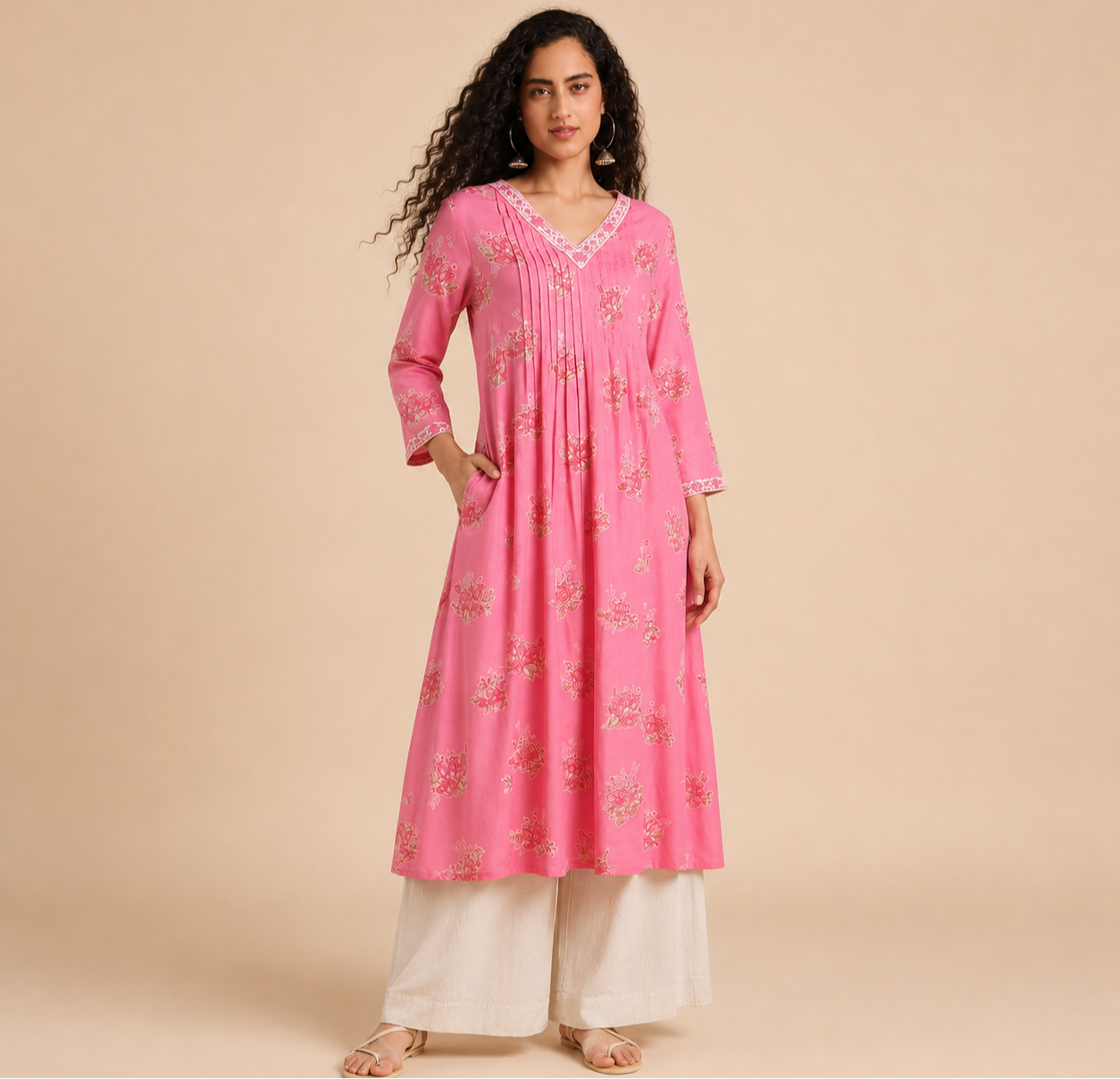 Close-up product photograph of ivory wide-leg palazzo pants worn under a pink floral printed kurti. The image focuses on the lower half of the outfit, highlighting the soft fabric texture, relaxed flowy silhouette, broad hemline, and comfortable fit of th