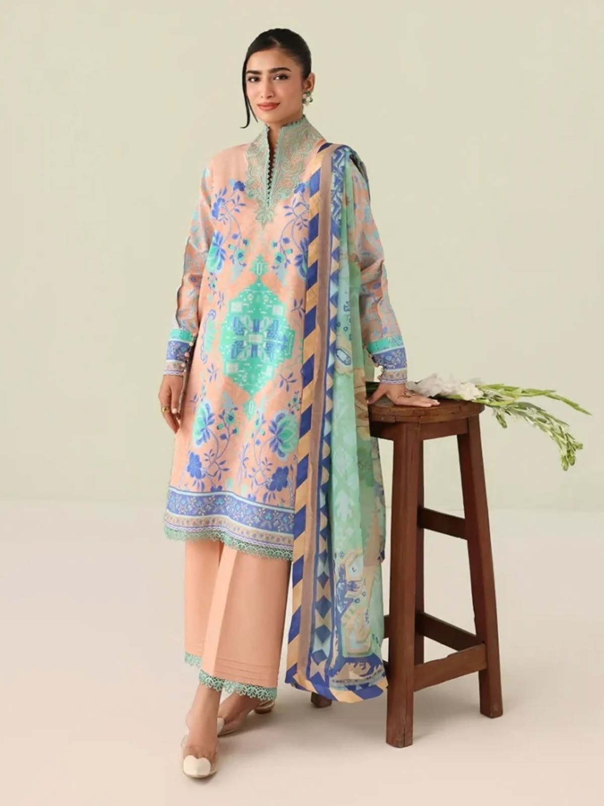 Peach Floral Printed Lawn Suit with Dupatta for Women