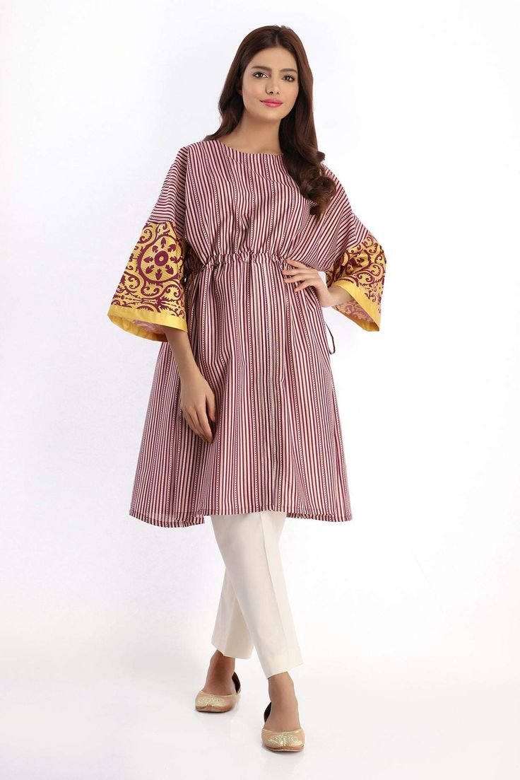 Women's Wine Maroon Striped Kurti with Printed Bell Sleeves