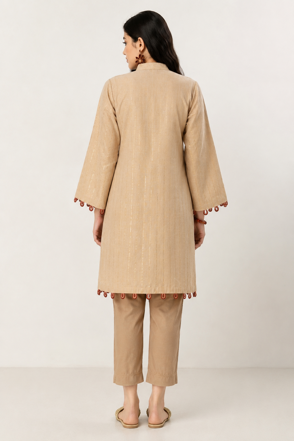 Beige Embellished High-Low Kurti with Straight Pants for Women