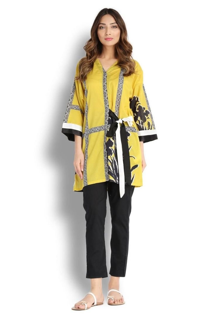 Mustard Yellow Printed Co-Ord Set for Women with Black Pants