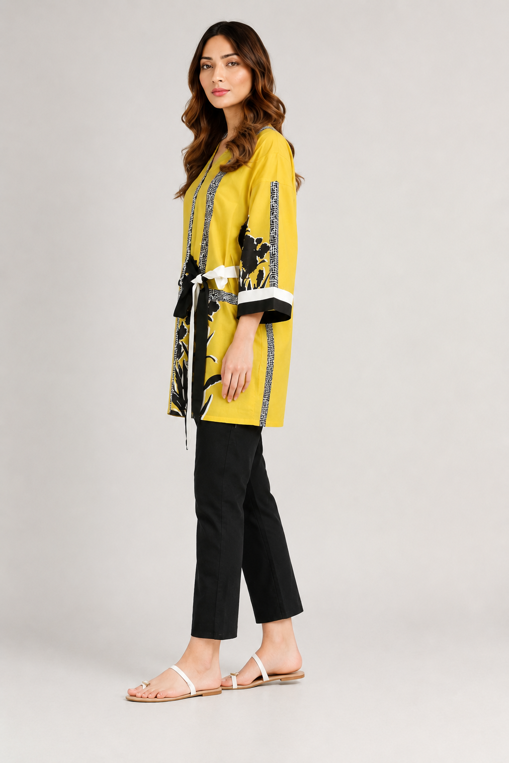 Mustard Yellow Printed Co-Ord Set for Women with Black Pants